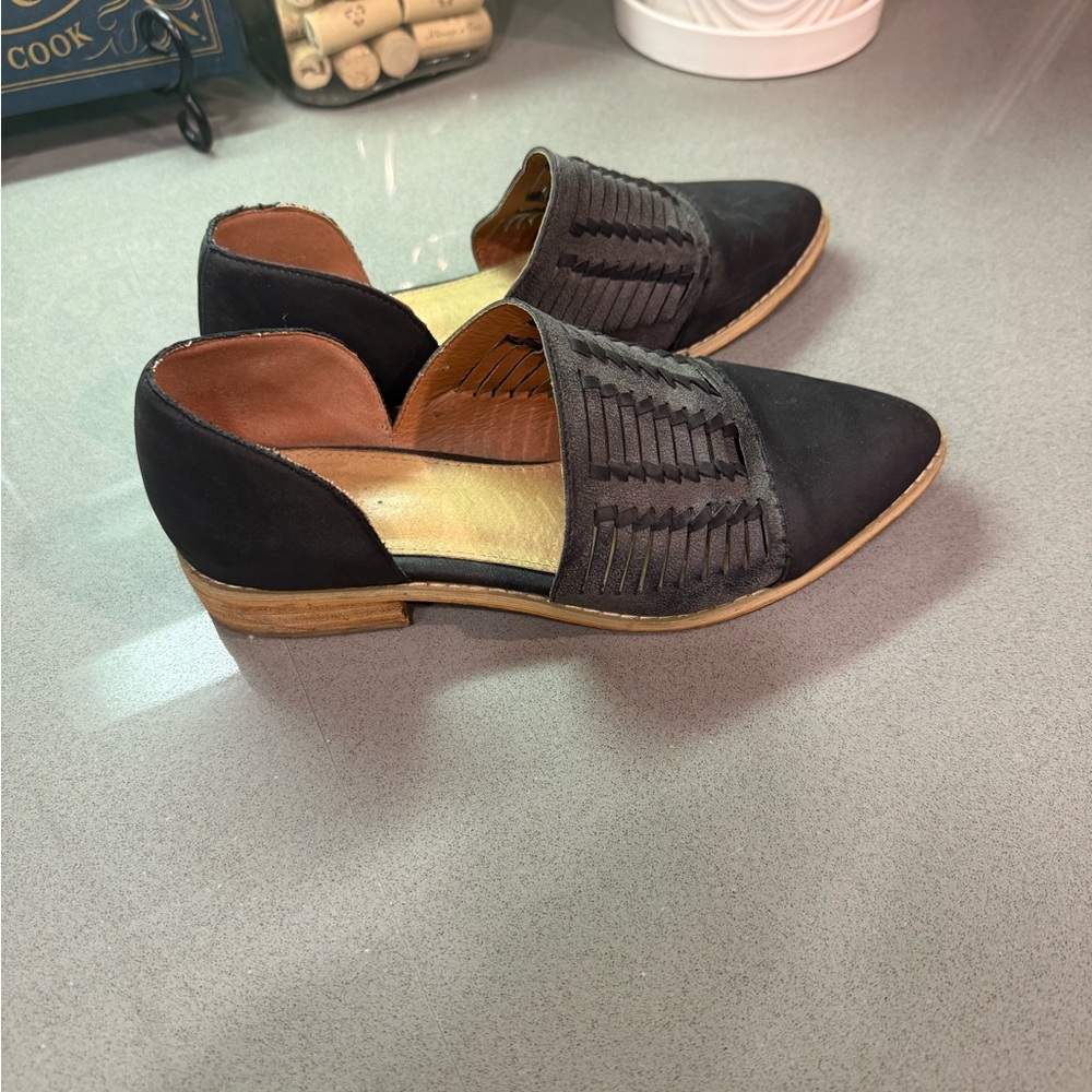 Buckle Black Flats with Tan Sole